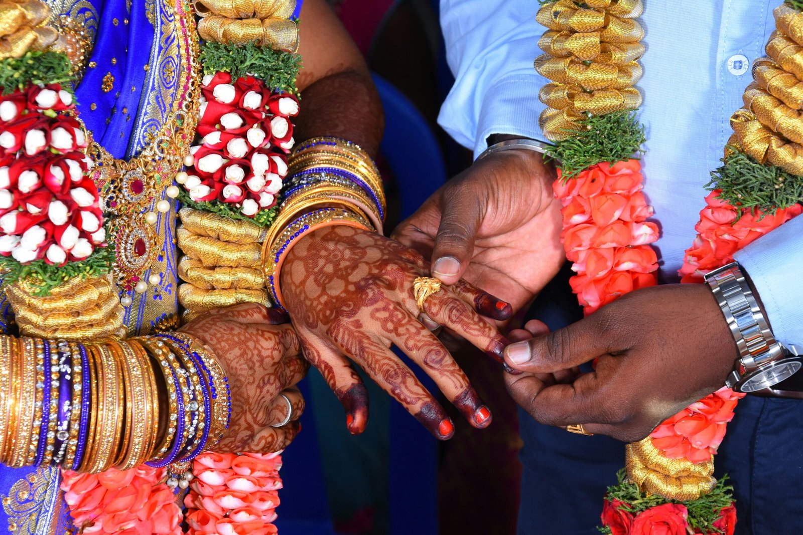 Services Close-up of an Indian wedding ceremony with henna designs, jewelry, and cultural attire.